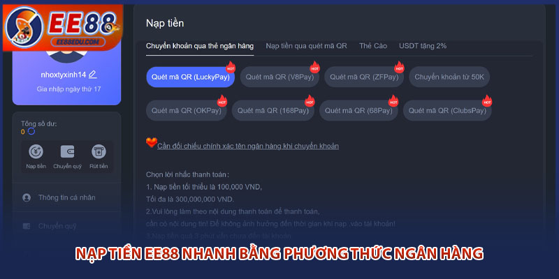 Nạp tiền EE88 nhanh bằng phương thức ngân hàng